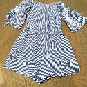 Blue and white off the shoulder romper size small